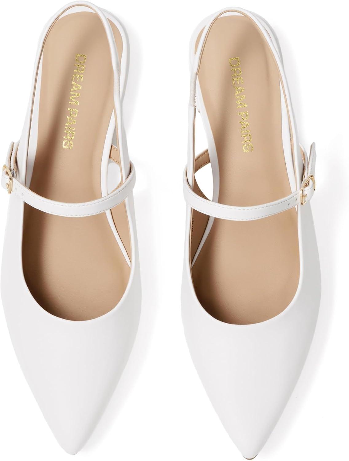 imageDREAM PAIRS Womens Slingback Dress Pointed Toe Flats Ballet Mary Jane Flat Shoes with Buckle Strap Low Heel Dressy FlatsWhite