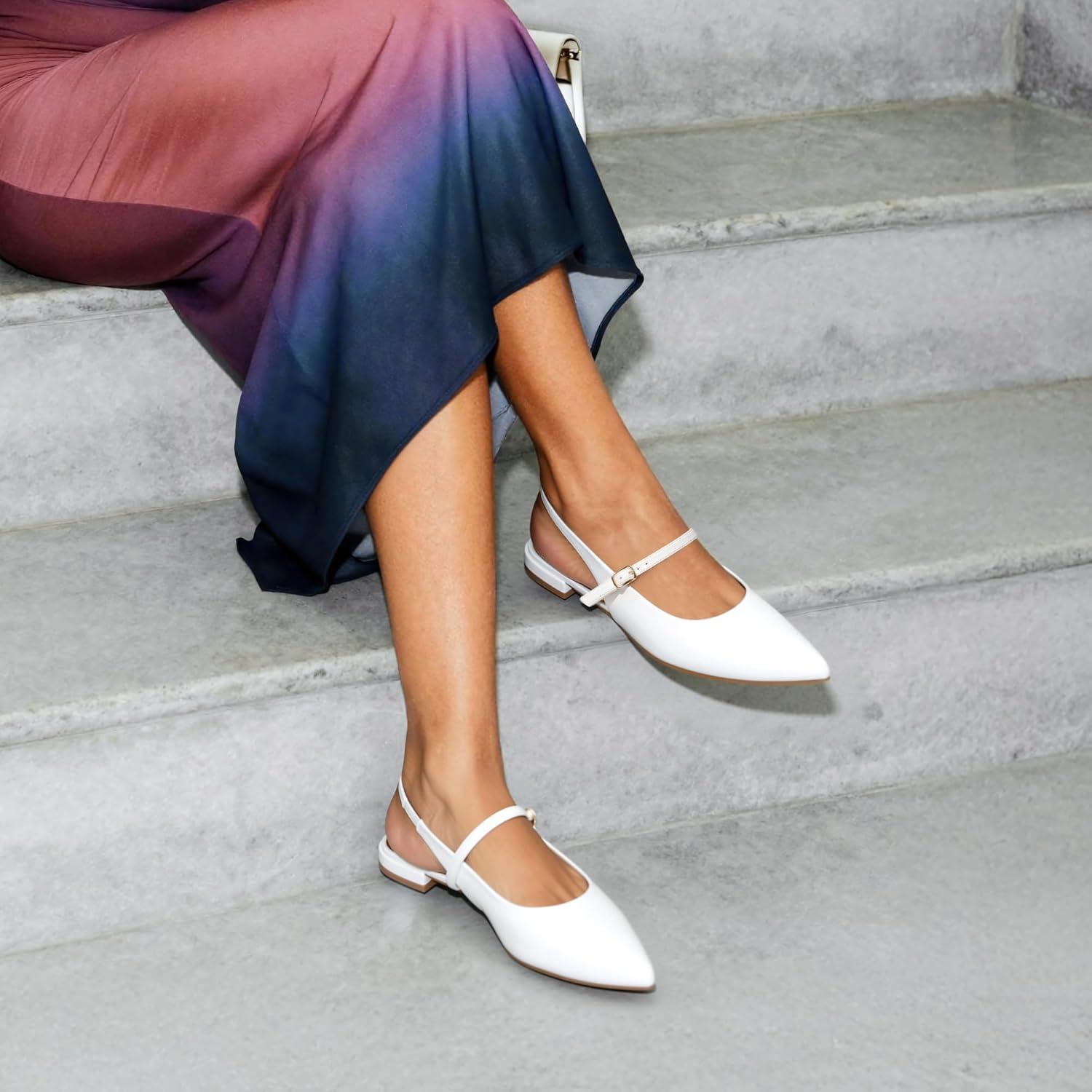 imageDREAM PAIRS Womens Slingback Dress Pointed Toe Flats Ballet Mary Jane Flat Shoes with Buckle Strap Low Heel Dressy FlatsWhite
