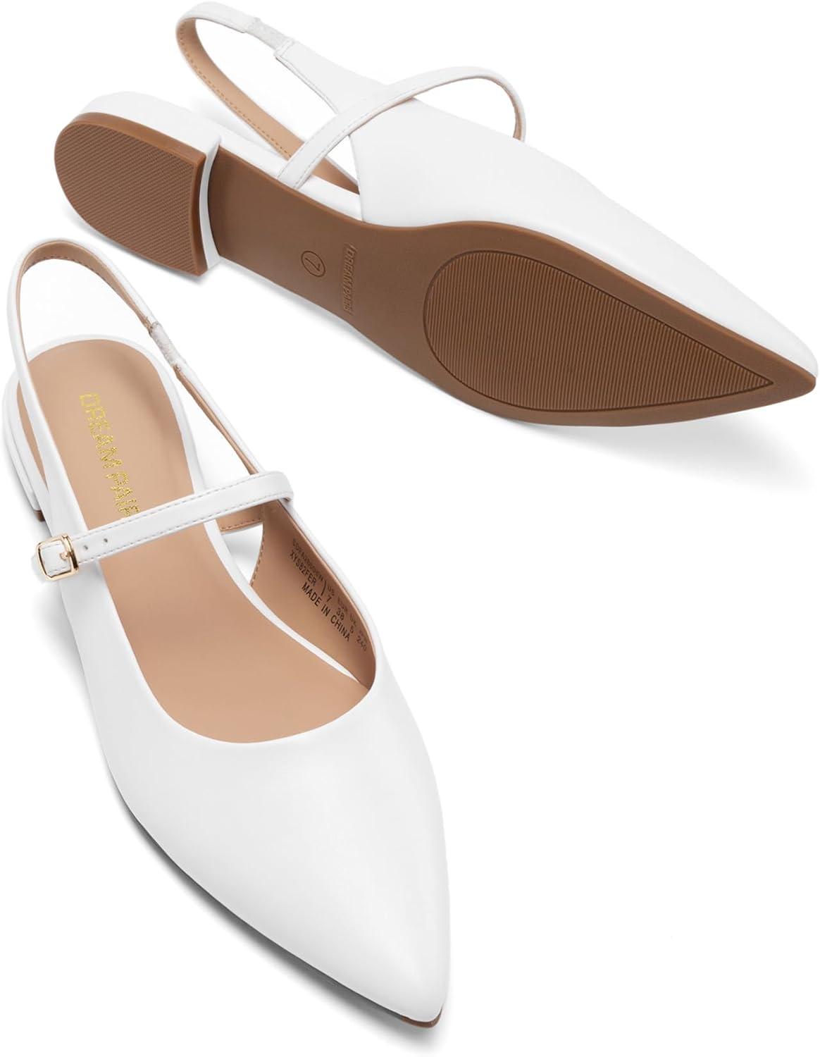 imageDREAM PAIRS Womens Slingback Dress Pointed Toe Flats Ballet Mary Jane Flat Shoes with Buckle Strap Low Heel Dressy FlatsWhite