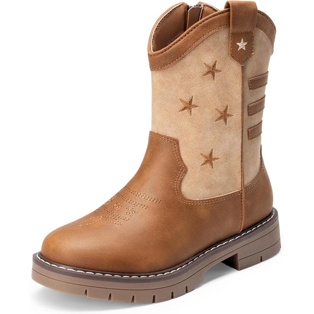 imageDREAM PAIRS Boys Girls Cowboy Boots Kids Western Riding Mid Calf Boots with Side Zipper ToddlerLittle KidBig KidLight Brown