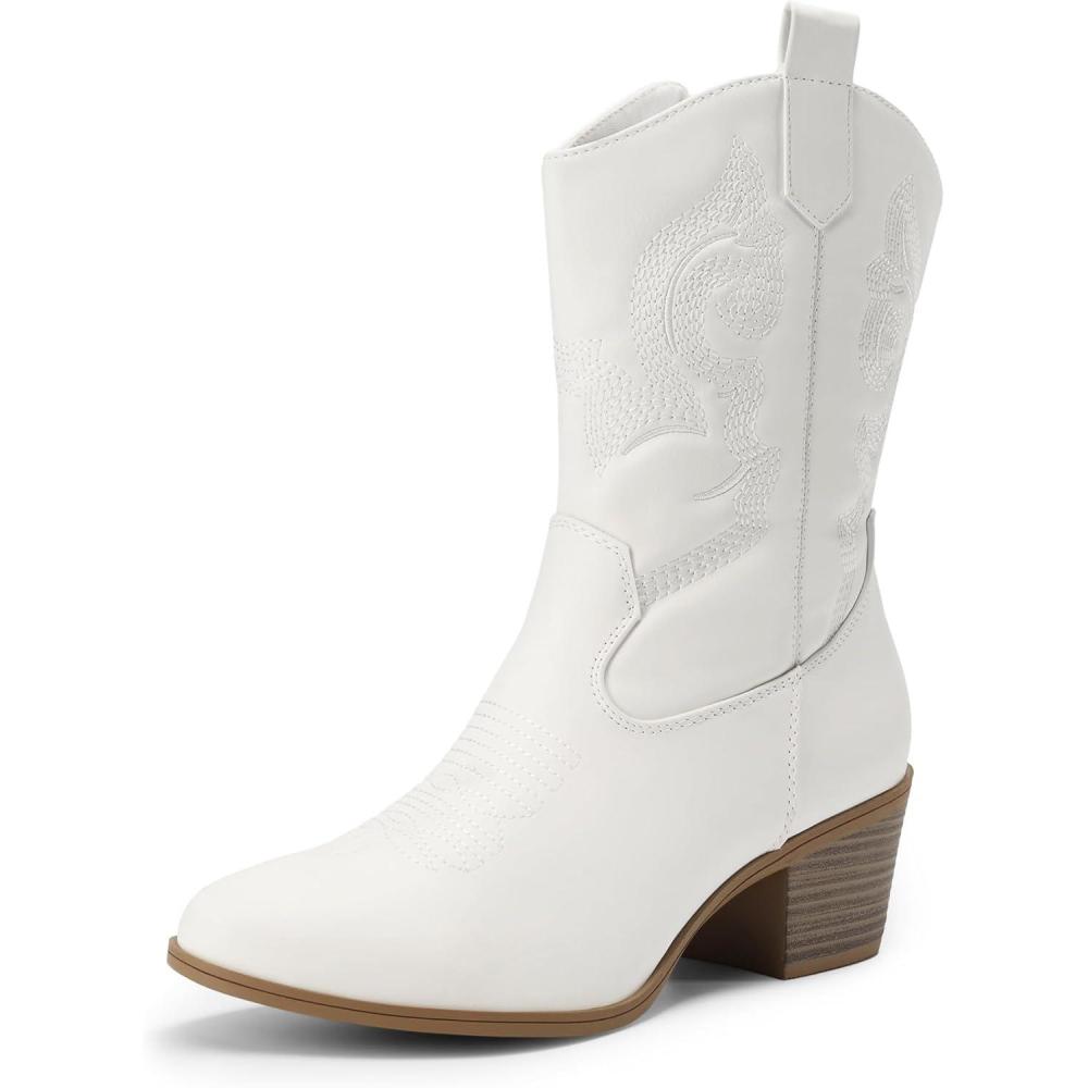 imageDREAM PAIRS Cowboy Boots for Women Mid Calf Cowgirl Boots with Embroidery Round Toe Western Chunky Low Heel ShoesAll White