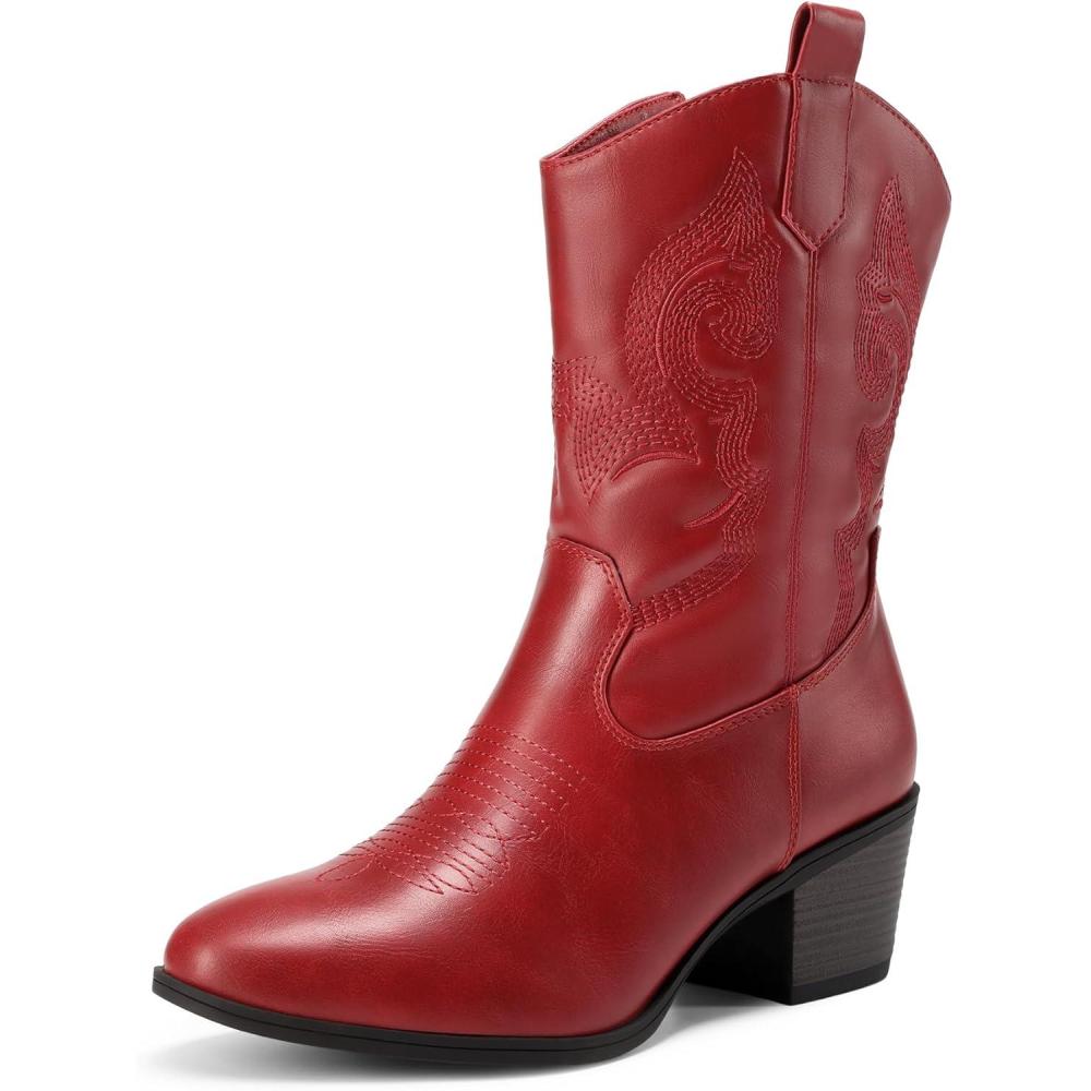 imageDREAM PAIRS Cowboy Boots for Women Mid Calf Cowgirl Boots with Embroidery Round Toe Western Chunky Low Heel ShoesRed