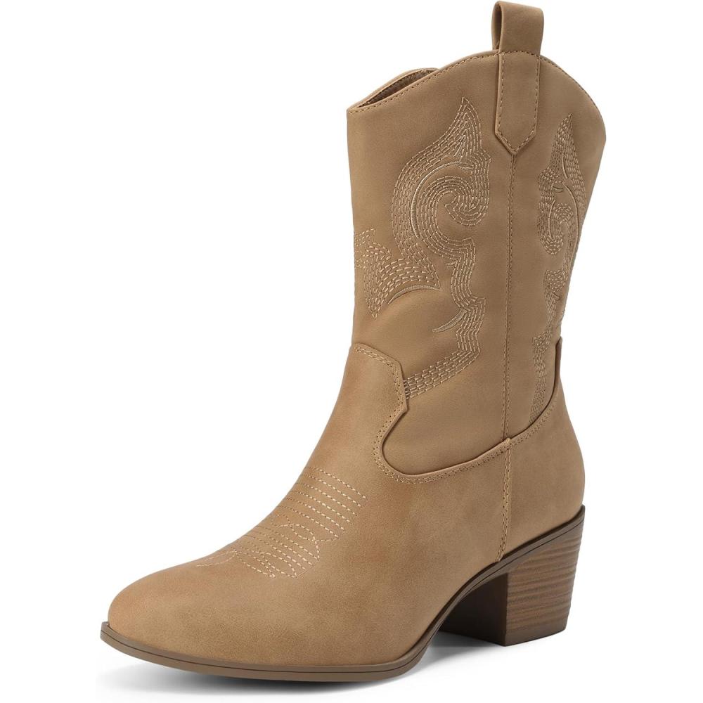 imageDREAM PAIRS Cowboy Boots for Women Mid Calf Cowgirl Boots with Embroidery Round Toe Western Chunky Low Heel ShoesTan