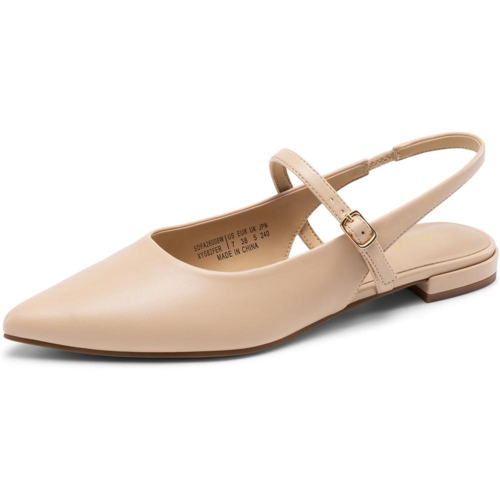 imageDREAM PAIRS Womens Slingback Dress Pointed Toe Flats Ballet Mary Jane Flat Shoes with Buckle Strap Low Heel Dressy FlatsNude