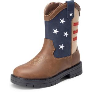 DREAM PAIRS Boys Girls Cowboy Boots Kids Western Riding Mid Calf Boots with Side Zipper (Toddler/Little Kid/Big Kid)(Brown/Navy)