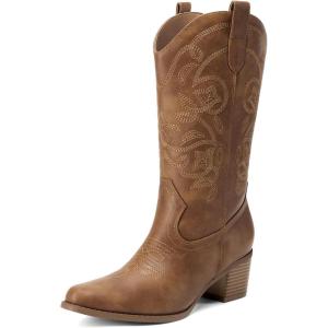 DREAM PAIRS Cowboy Boots for Women Cowgirl Western Boots Fashion Embroidery Stitched Chunky Heel Mid Calf Boots(Tan)