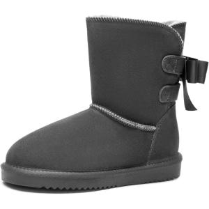 DREAM PAIRS Women’s Winter Snow Boots FuzzyChic Bow Genuine Suede Leather Faux Fur Lining Memory Foam Warm Winter Short Booties for Outdoor Indoor(Grey)