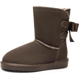 DREAM PAIRS Women’s Winter Snow Boots FuzzyChic Bow Genuine Suede Leather Faux Fur Lining Memory Foam Warm Winter Short Booties for Outdoor Indoor(Taupe)