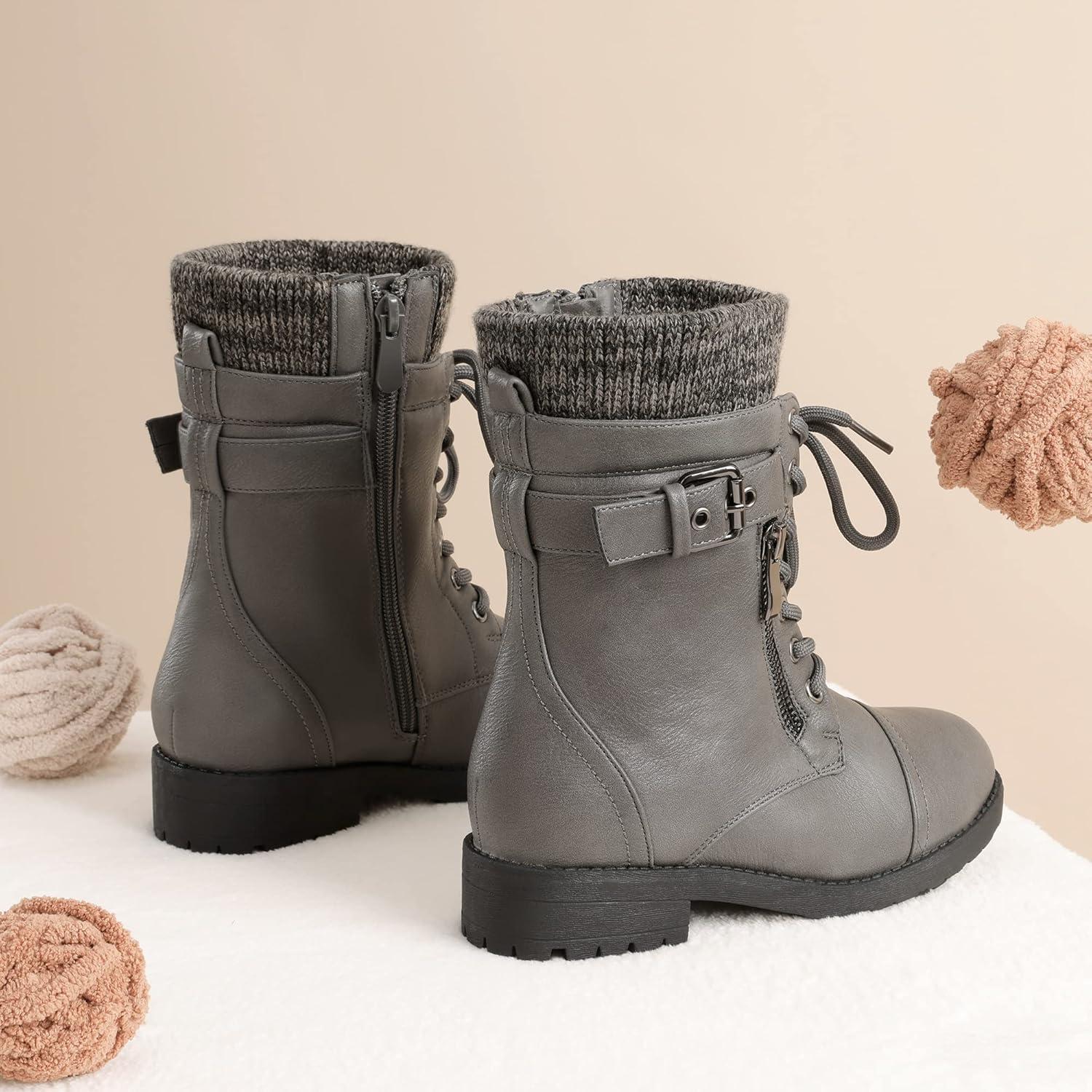 imageDREAM PAIRS Girls Mid Calf Combat Ankle Lace up BootsGreyz