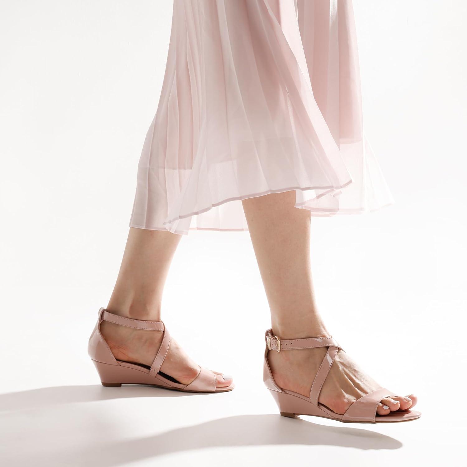 imageDREAM PAIRS Womens Low Wedge Sandals Ankle Strap Heel Sandal Open Toe Wide Dress Summer ShoesNudepat