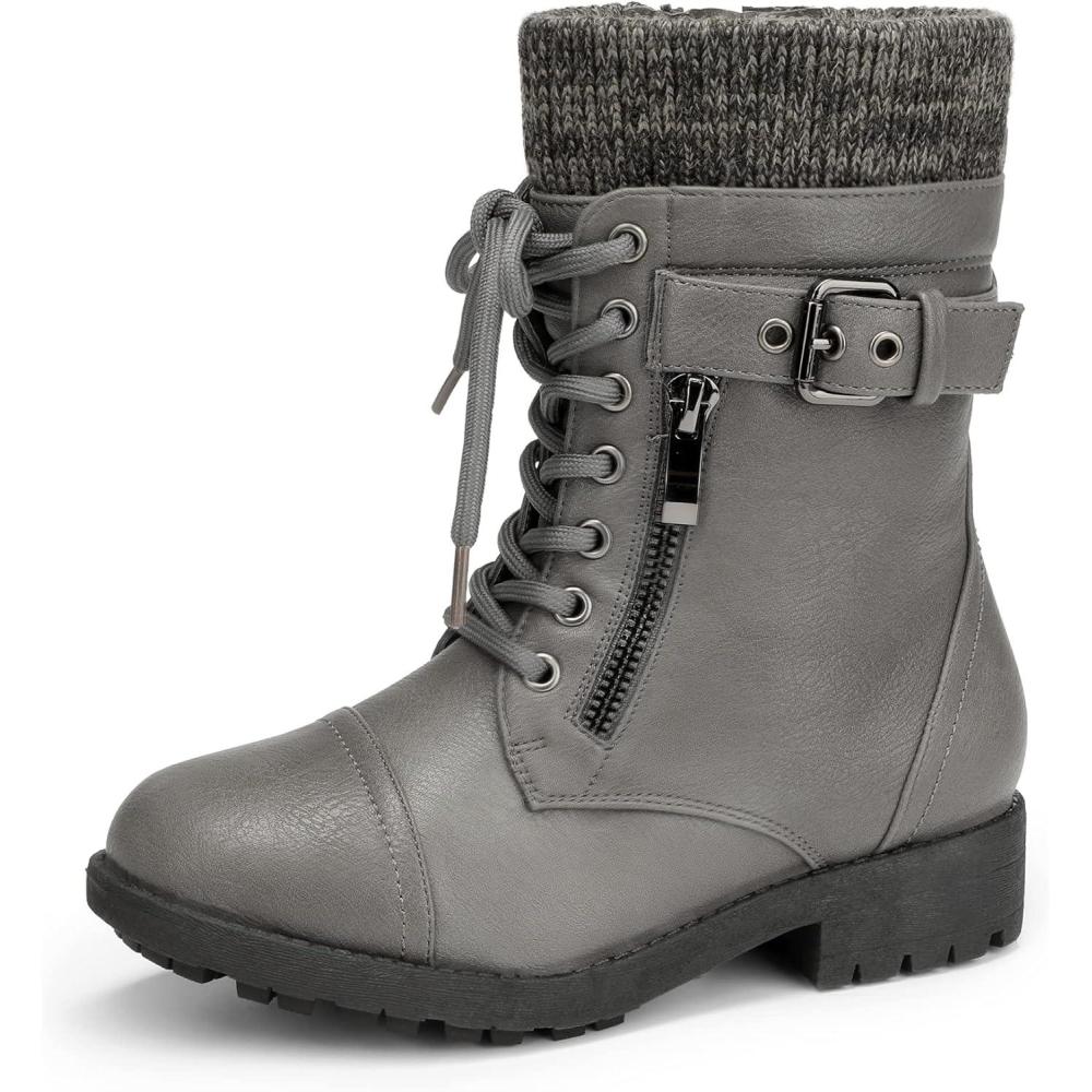imageDREAM PAIRS Girls Mid Calf Combat Ankle Lace up BootsGreyz
