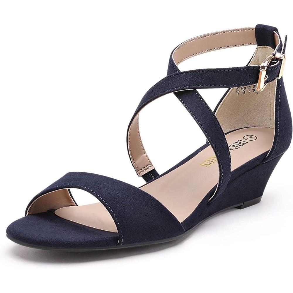 imageDREAM PAIRS Womens Low Wedge Sandals Ankle Strap Heel Sandal Open Toe Wide Dress Summer ShoesNavysuede