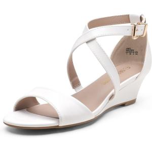 DREAM PAIRS Women’s Low Wedge Sandals Ankle Strap Heel Sandal Open Toe Wide Dress Summer Shoes(White-pu)