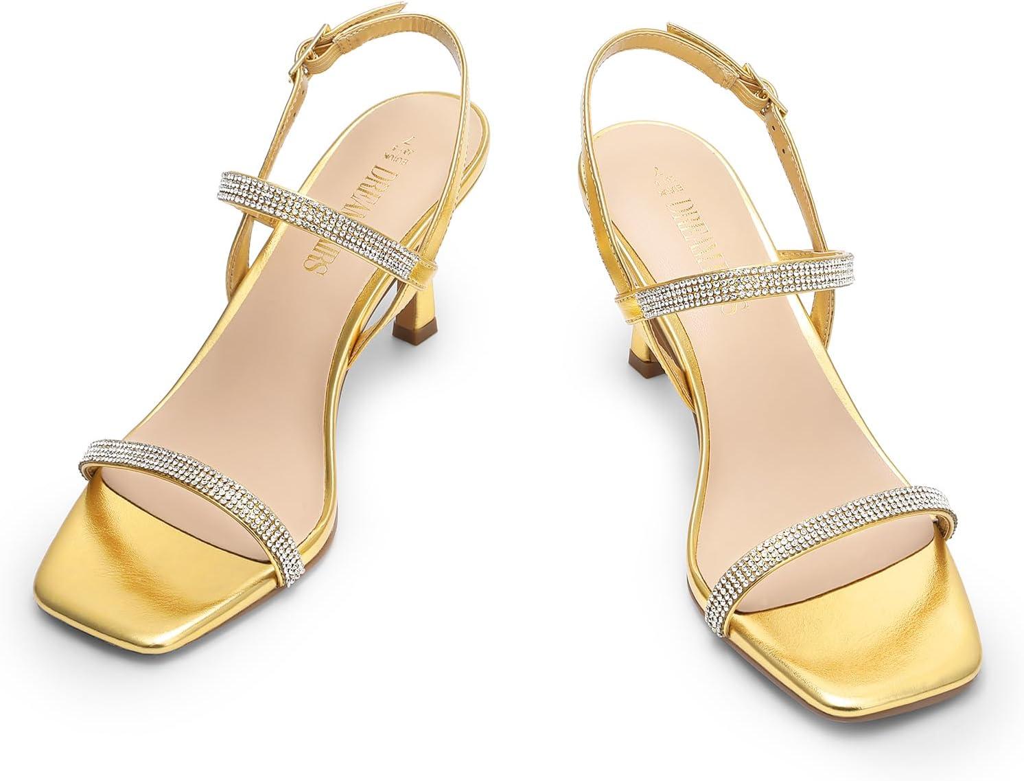 imageDREAM PAIRS Womens Slingback Heels Square Open Toe Strappy Sandals Ankle Strap High Heeled Dressy ShoesGoldrhinestone