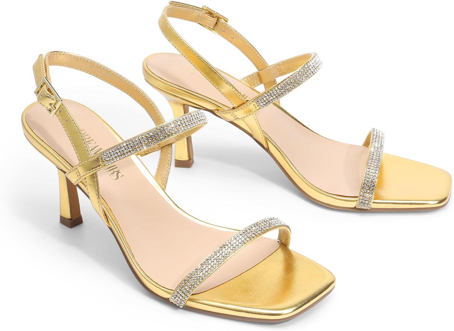 imageDREAM PAIRS Womens Slingback Heels Square Open Toe Strappy Sandals Ankle Strap High Heeled Dressy ShoesGoldrhinestone