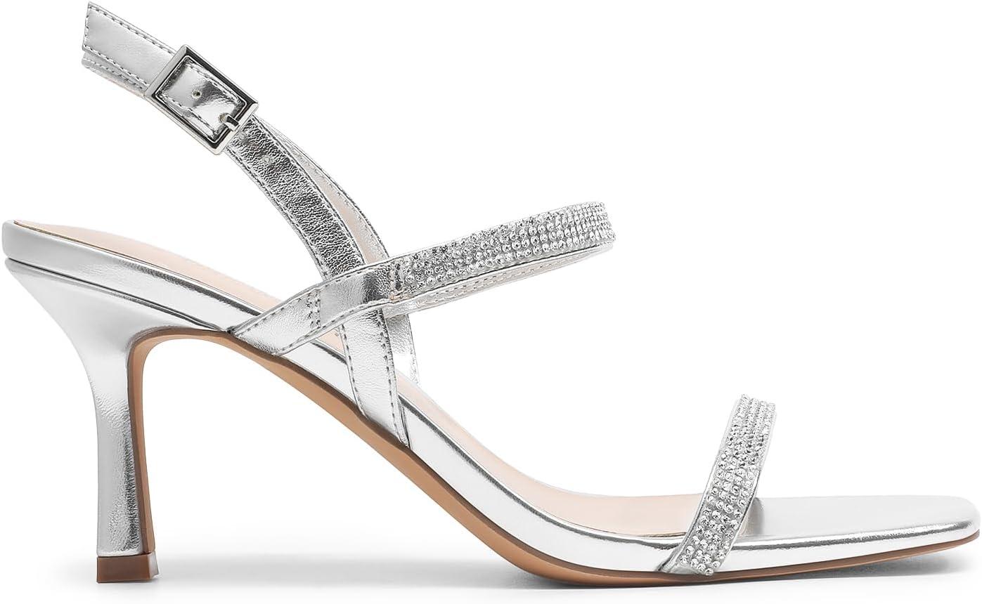 imageDREAM PAIRS Womens Slingback Heels Square Open Toe Strappy Sandals Ankle Strap High Heeled Dressy ShoesSilverrhinestone
