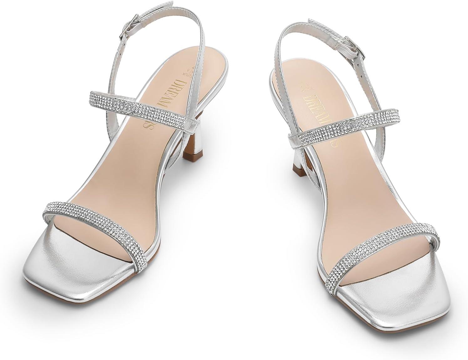 imageDREAM PAIRS Womens Slingback Heels Square Open Toe Strappy Sandals Ankle Strap High Heeled Dressy ShoesSilverrhinestone