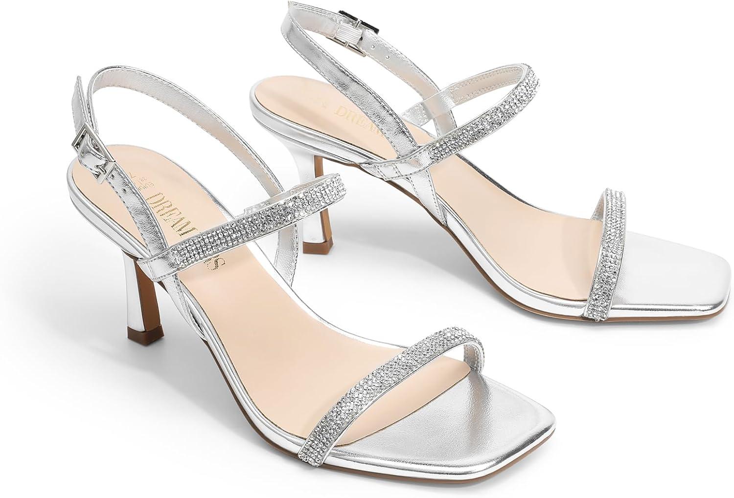 imageDREAM PAIRS Womens Slingback Heels Square Open Toe Strappy Sandals Ankle Strap High Heeled Dressy ShoesSilverrhinestone