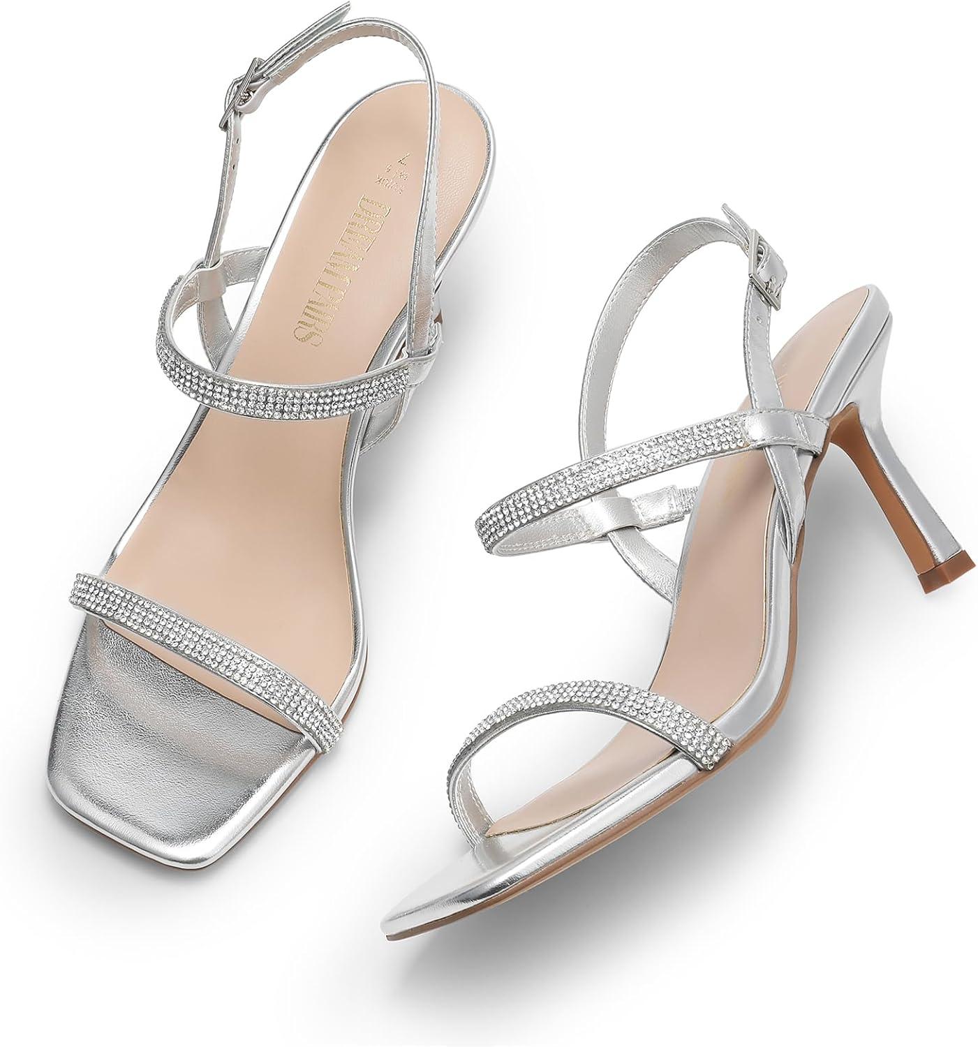 imageDREAM PAIRS Womens Slingback Heels Square Open Toe Strappy Sandals Ankle Strap High Heeled Dressy ShoesSilverrhinestone