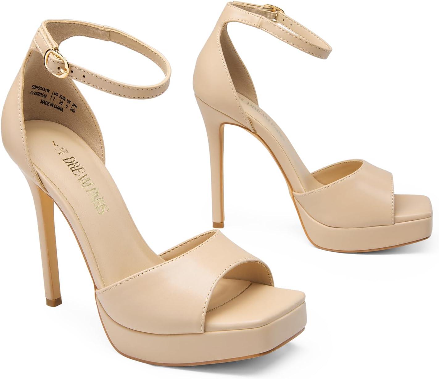 imageDREAM PAIRS Womens Stiletto High Heels Platform Ankle Strap Square Open Toe Dress Sexy SandalsNudepu