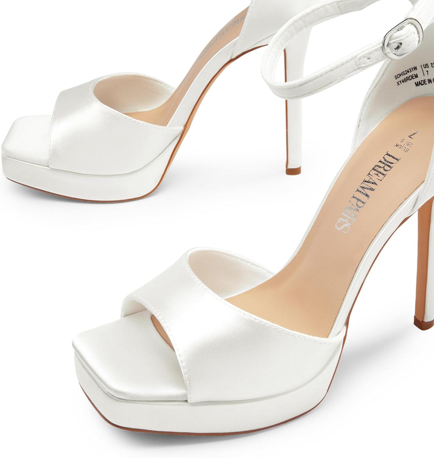 imageDREAM PAIRS Womens Stiletto High Heels Platform Ankle Strap Square Open Toe Dress Sexy SandalsWhitesatin