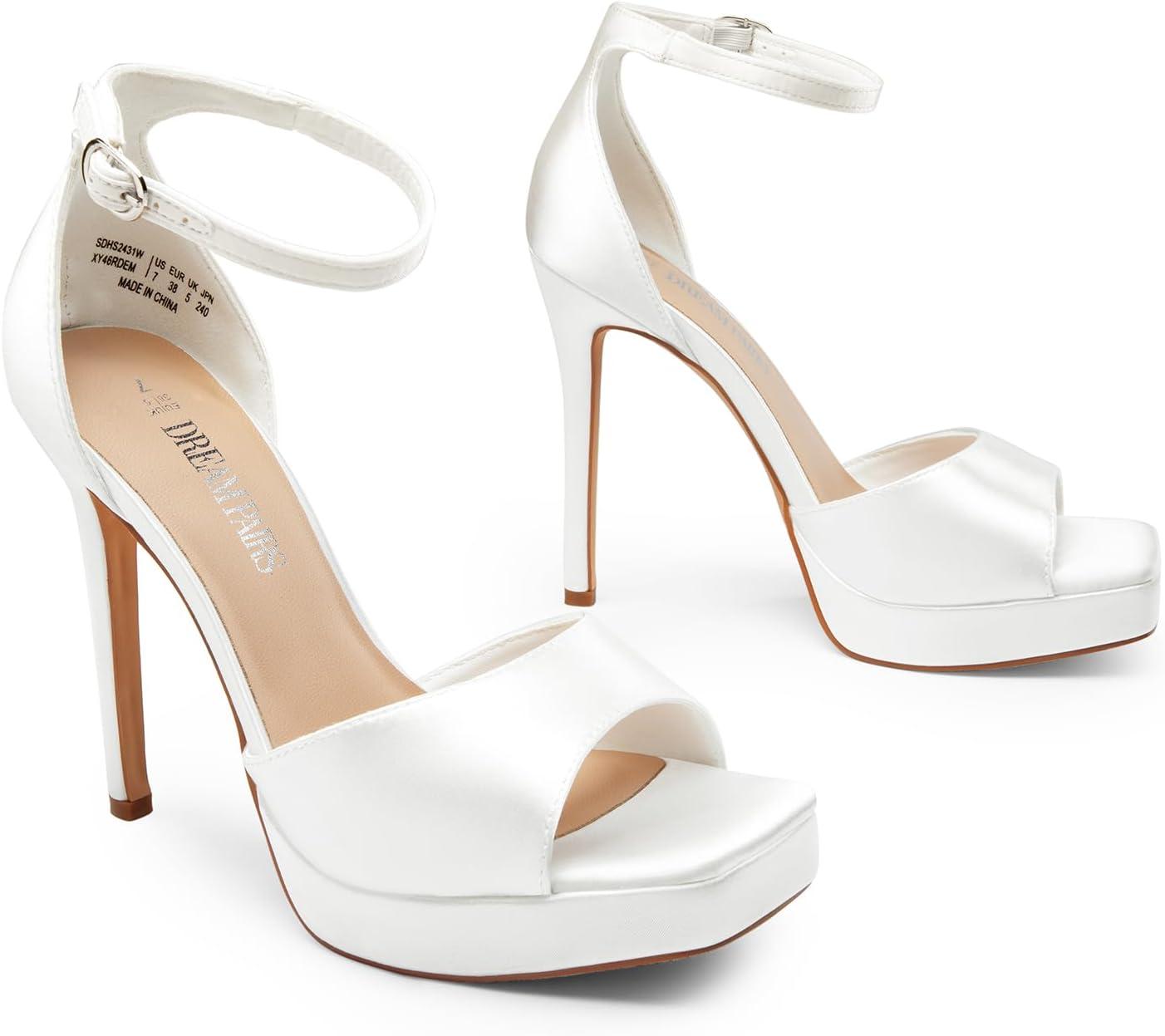 imageDREAM PAIRS Womens Stiletto High Heels Platform Ankle Strap Square Open Toe Dress Sexy SandalsWhitesatin
