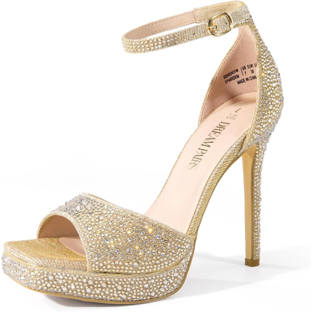 imageDREAM PAIRS Womens Stiletto High Heels Platform Ankle Strap Square Open Toe Dress Sexy SandalsGoldrhinestone