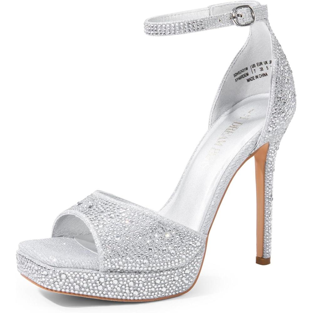 imageDREAM PAIRS Womens Stiletto High Heels Platform Ankle Strap Square Open Toe Dress Sexy SandalsSilverrhinestone