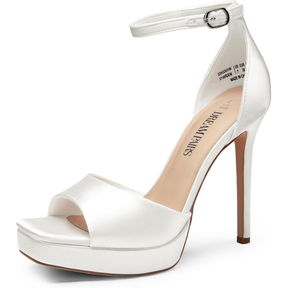 imageDREAM PAIRS Womens Stiletto High Heels Platform Ankle Strap Square Open Toe Dress Sexy SandalsWhitesatin