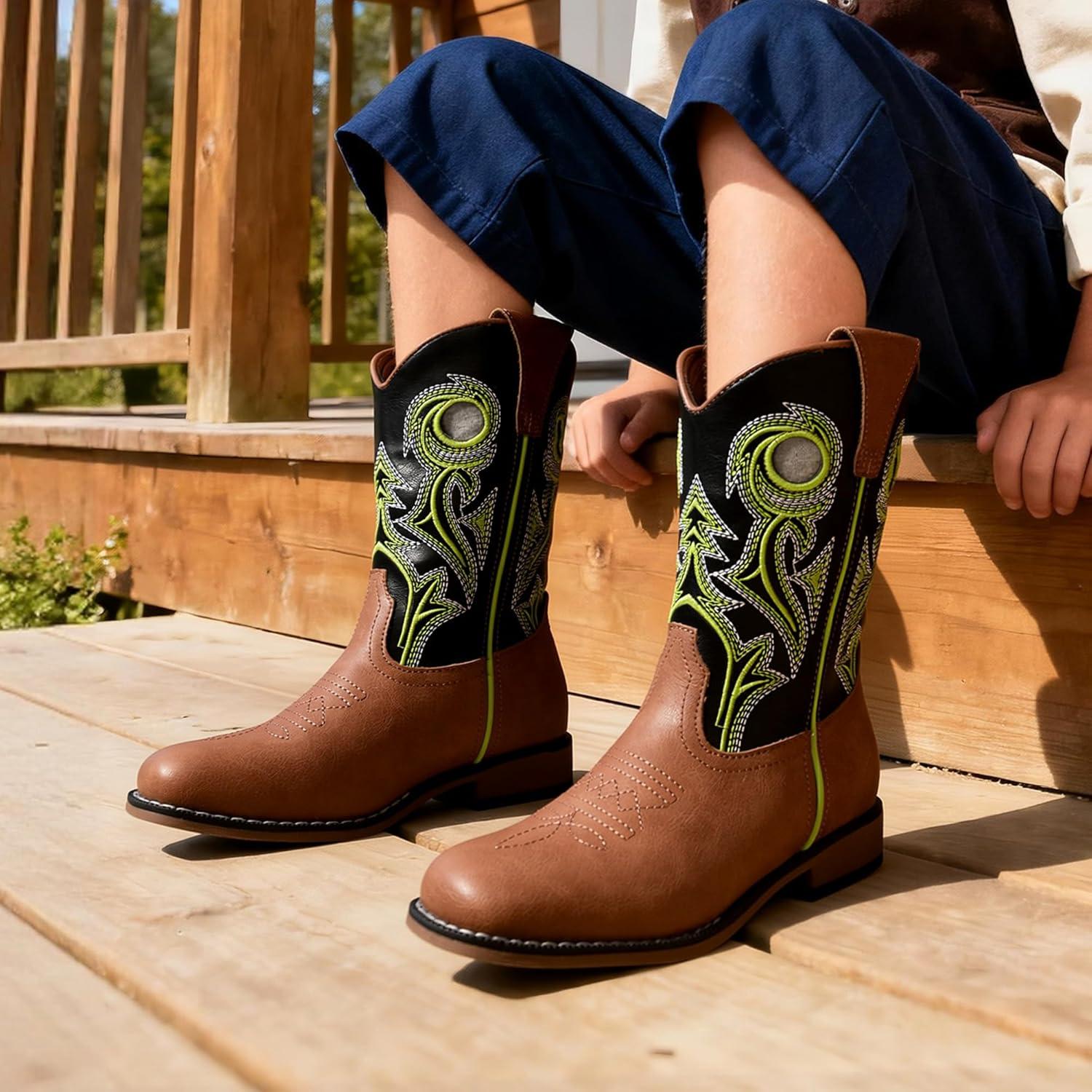 imageDREAM PAIRS Boys Cowboy Boots Kids Classic Western Boots Square Toe Girls Cowgirl Boots for ToddlerLittle KidBig KidBlackTan