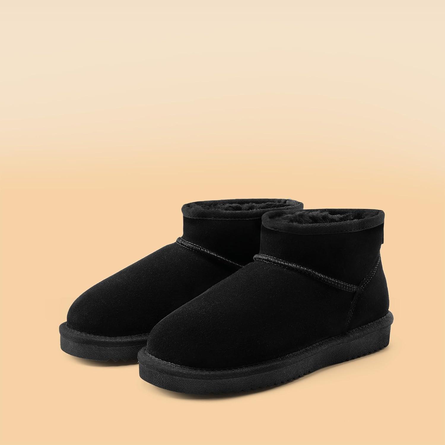 imageDREAM PAIRS Genuine Suede Ankle Winter Mini Boots for Women Slip On Faux Fur Lining Water Resistant Warm Snow Boots Memory Foam Comfort BootiesBlack