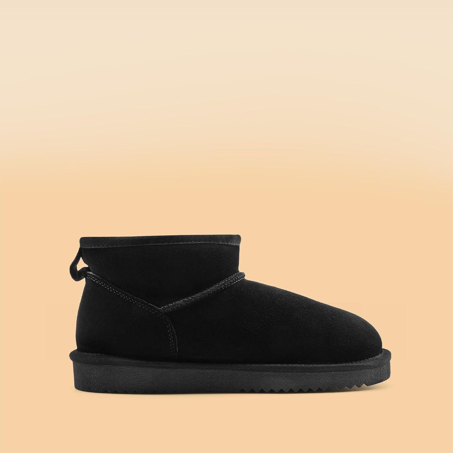 imageDREAM PAIRS Genuine Suede Ankle Winter Mini Boots for Women Slip On Faux Fur Lining Water Resistant Warm Snow Boots Memory Foam Comfort BootiesBlack