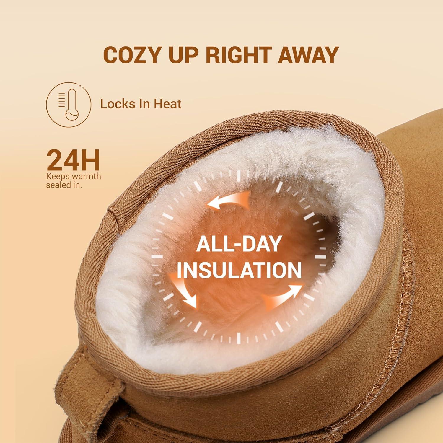 imageDREAM PAIRS Genuine Suede Ankle Winter Mini Boots for Women Slip On Faux Fur Lining Water Resistant Warm Snow Boots Memory Foam Comfort BootiesChestnut