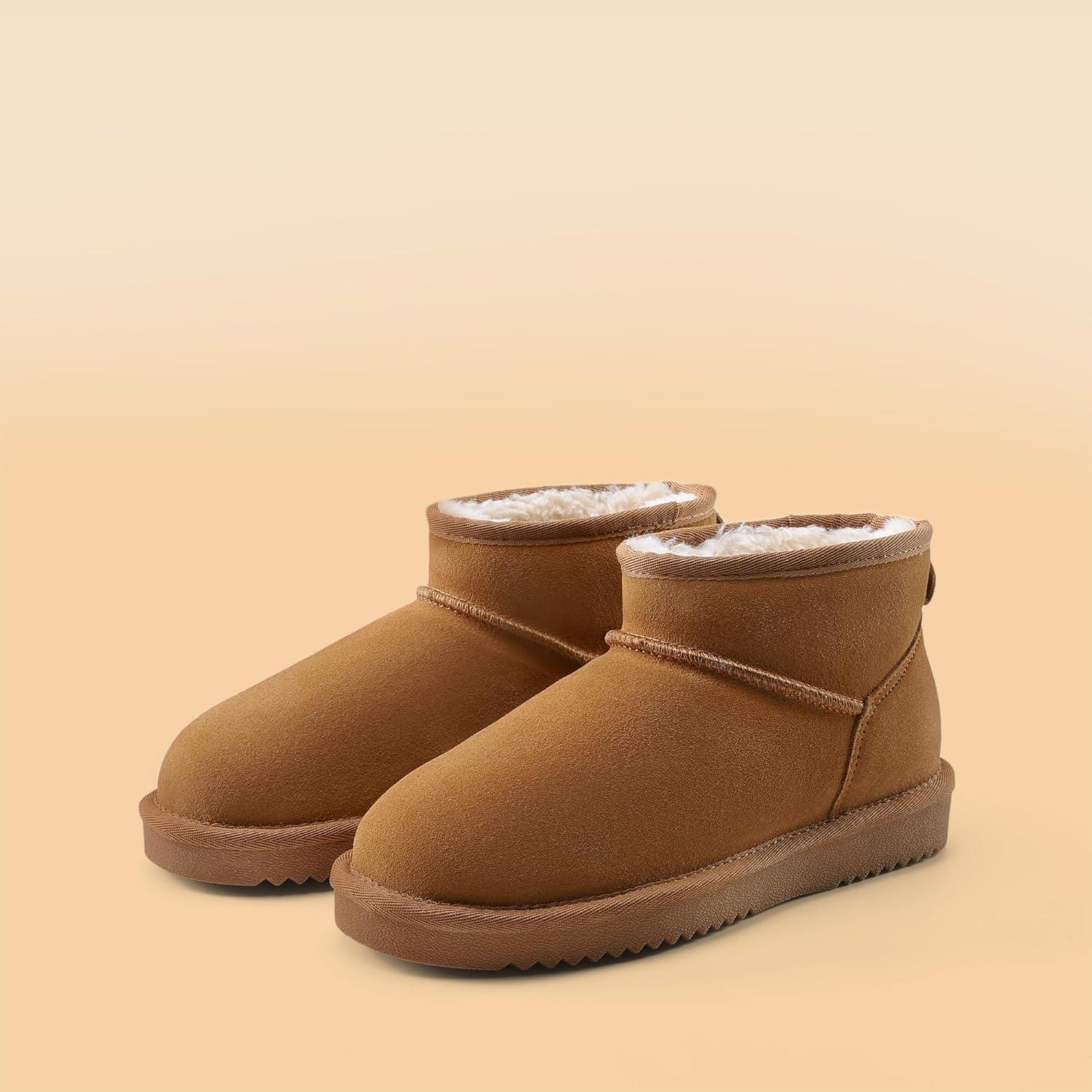 imageDREAM PAIRS Genuine Suede Ankle Winter Mini Boots for Women Slip On Faux Fur Lining Water Resistant Warm Snow Boots Memory Foam Comfort BootiesChestnut