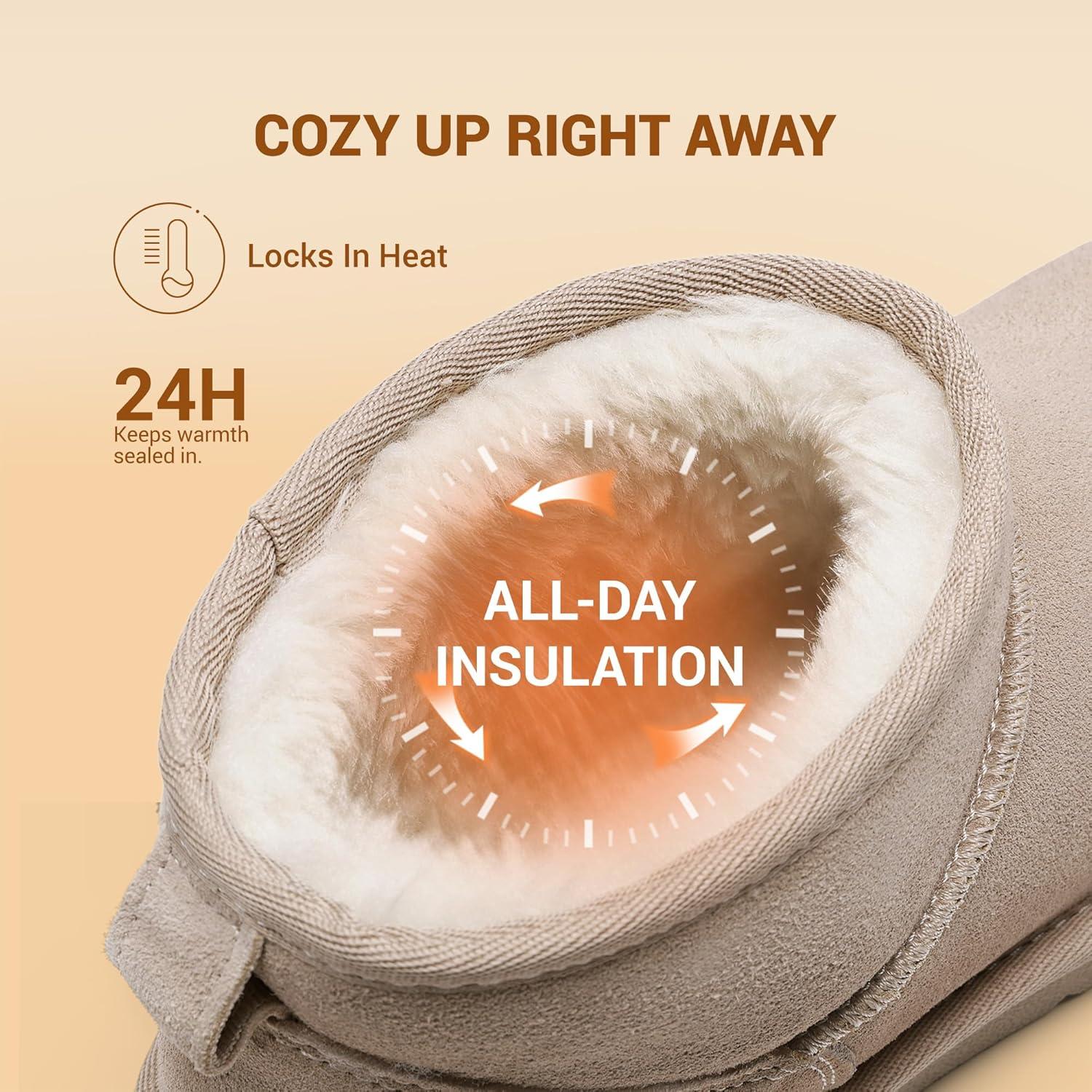 imageDREAM PAIRS Genuine Suede Ankle Winter Mini Boots for Women Slip On Faux Fur Lining Water Resistant Warm Snow Boots Memory Foam Comfort BootiesSand