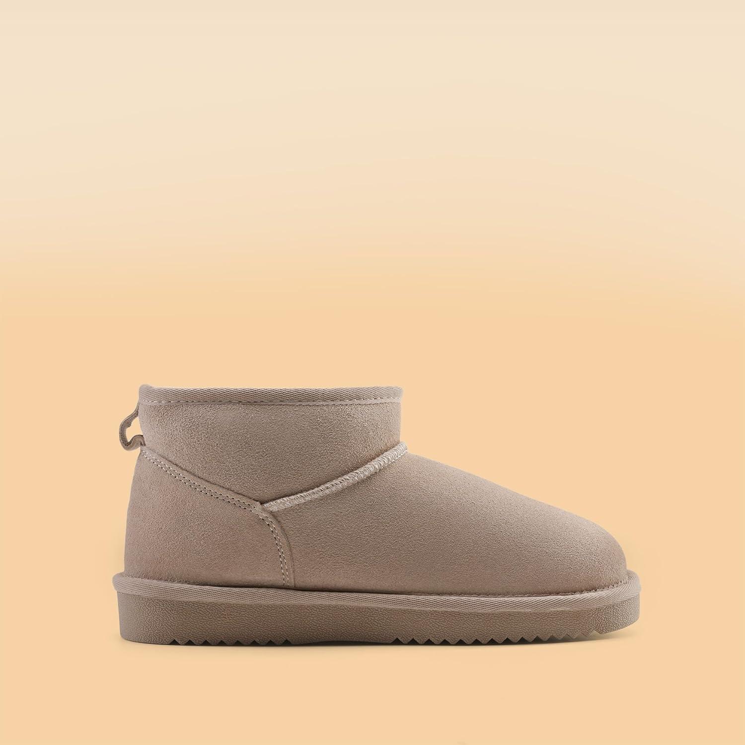 imageDREAM PAIRS Genuine Suede Ankle Winter Mini Boots for Women Slip On Faux Fur Lining Water Resistant Warm Snow Boots Memory Foam Comfort BootiesSand