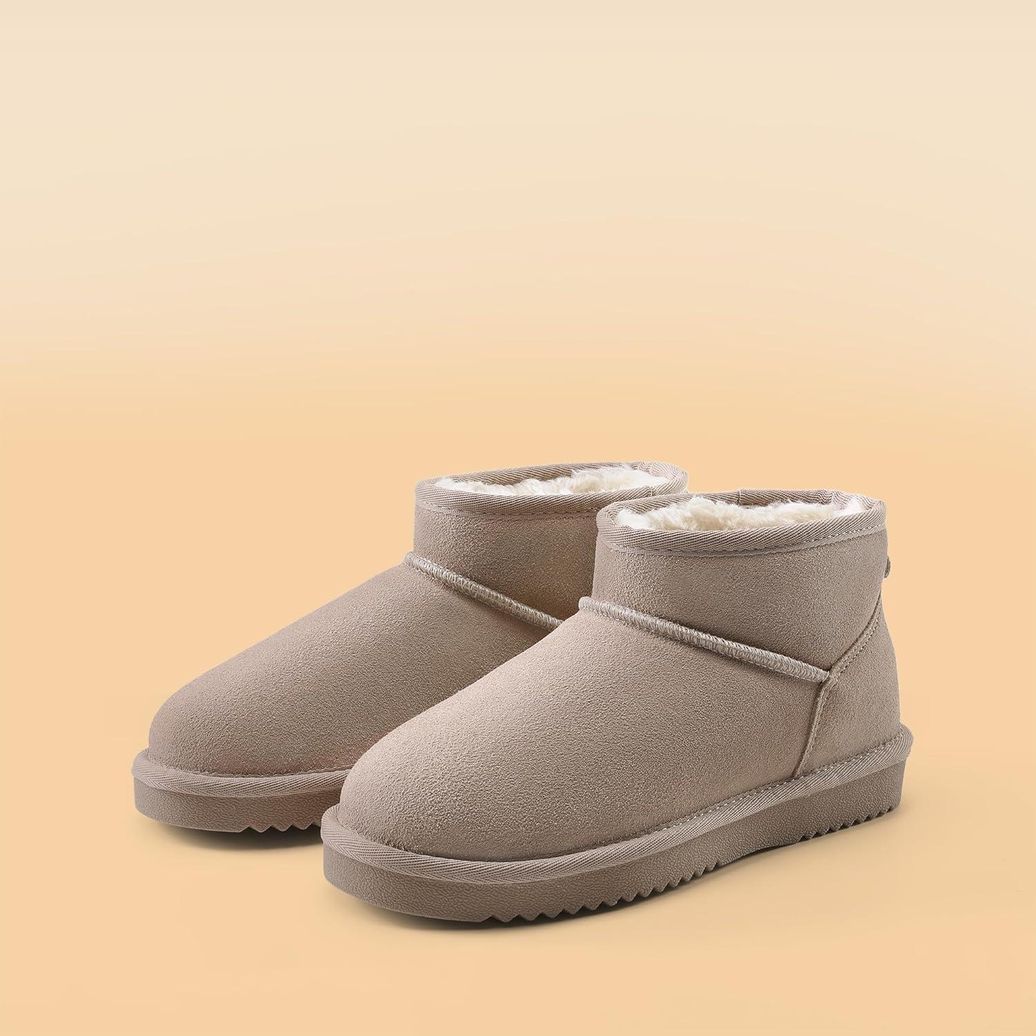imageDREAM PAIRS Genuine Suede Ankle Winter Mini Boots for Women Slip On Faux Fur Lining Water Resistant Warm Snow Boots Memory Foam Comfort BootiesSand
