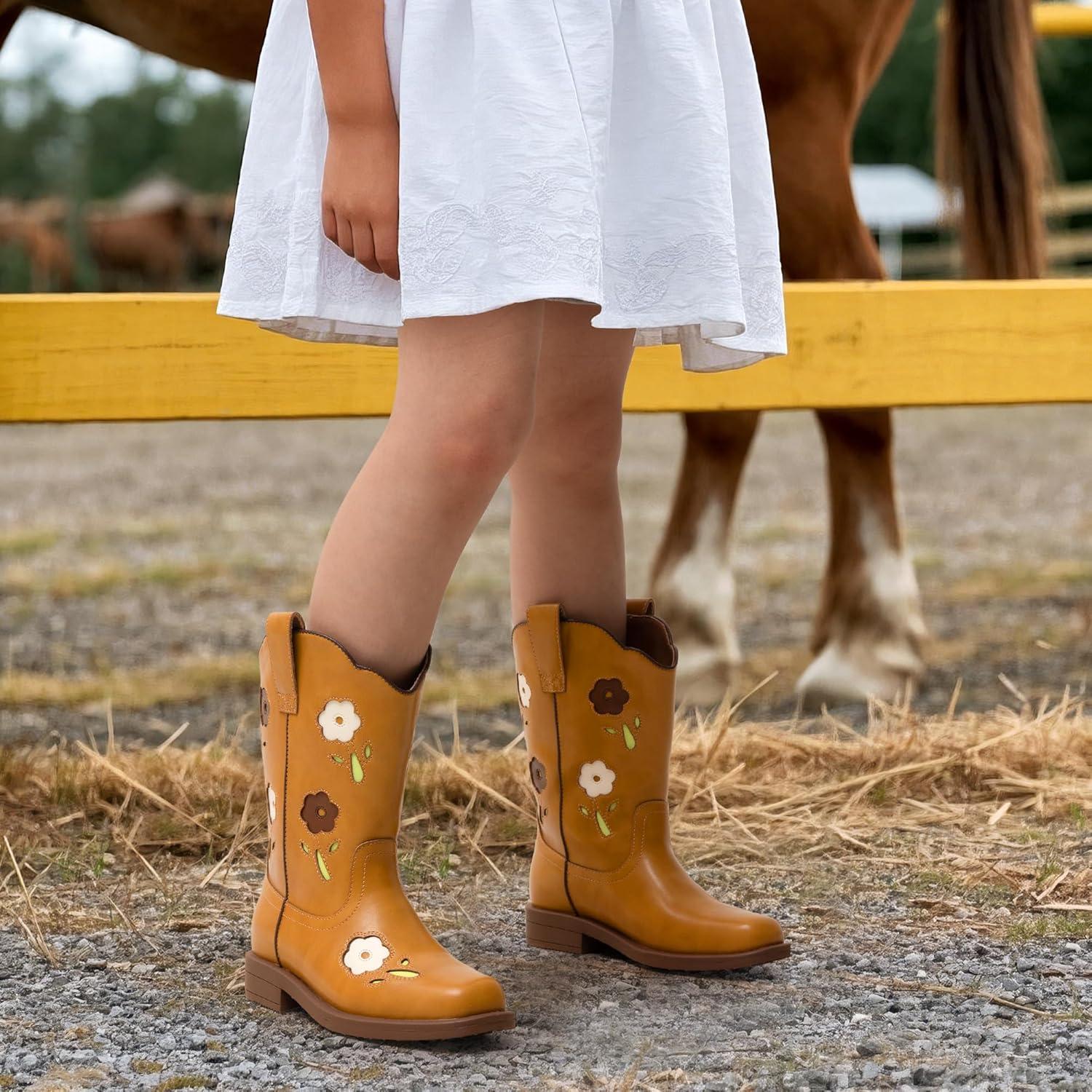 imageDREAM PAIRS Girls Cowboy Cowgirl Boots Floral Embroidered Western Square Toe Mid Calf Toddler Little Big Kid for Birthday Party ConcertCamel