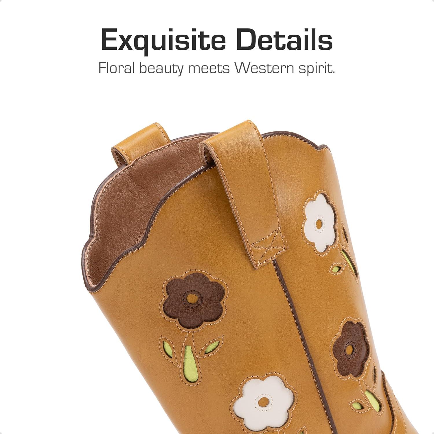 imageDREAM PAIRS Girls Cowboy Cowgirl Boots Floral Embroidered Western Square Toe Mid Calf Toddler Little Big Kid for Birthday Party ConcertCamel