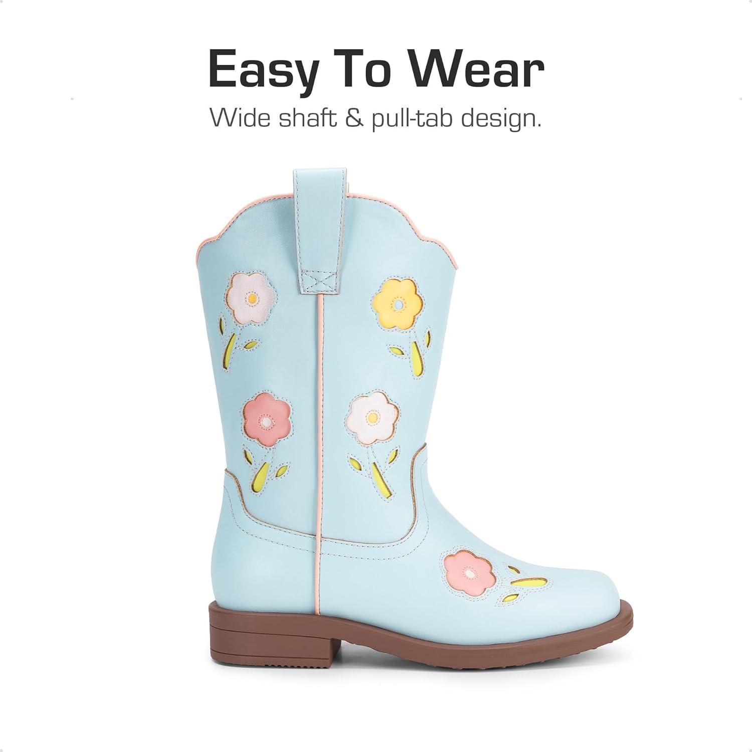 imageDREAM PAIRS Girls Cowboy Cowgirl Boots Floral Embroidered Western Square Toe Mid Calf Toddler Little Big Kid for Birthday Party ConcertLight Blue