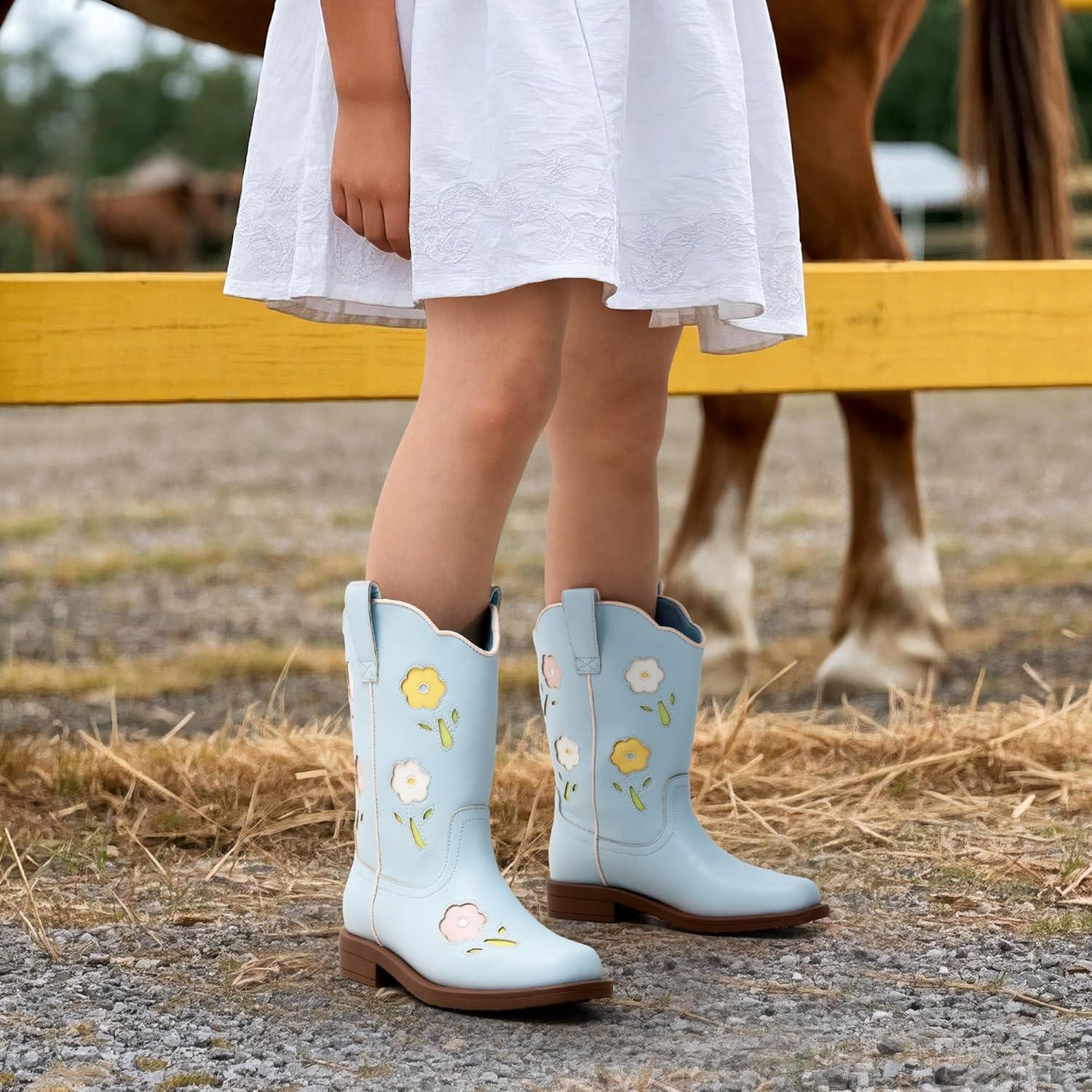 imageDREAM PAIRS Girls Cowboy Cowgirl Boots Floral Embroidered Western Square Toe Mid Calf Toddler Little Big Kid for Birthday Party ConcertLight Blue
