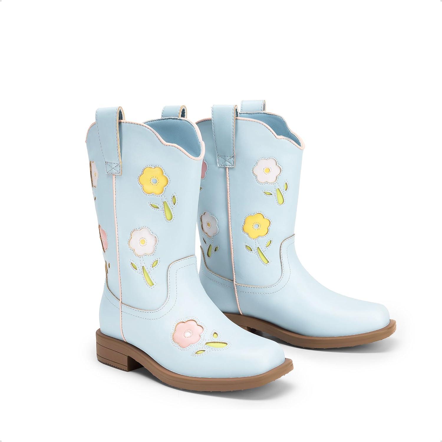 imageDREAM PAIRS Girls Cowboy Cowgirl Boots Floral Embroidered Western Square Toe Mid Calf Toddler Little Big Kid for Birthday Party ConcertLight Blue