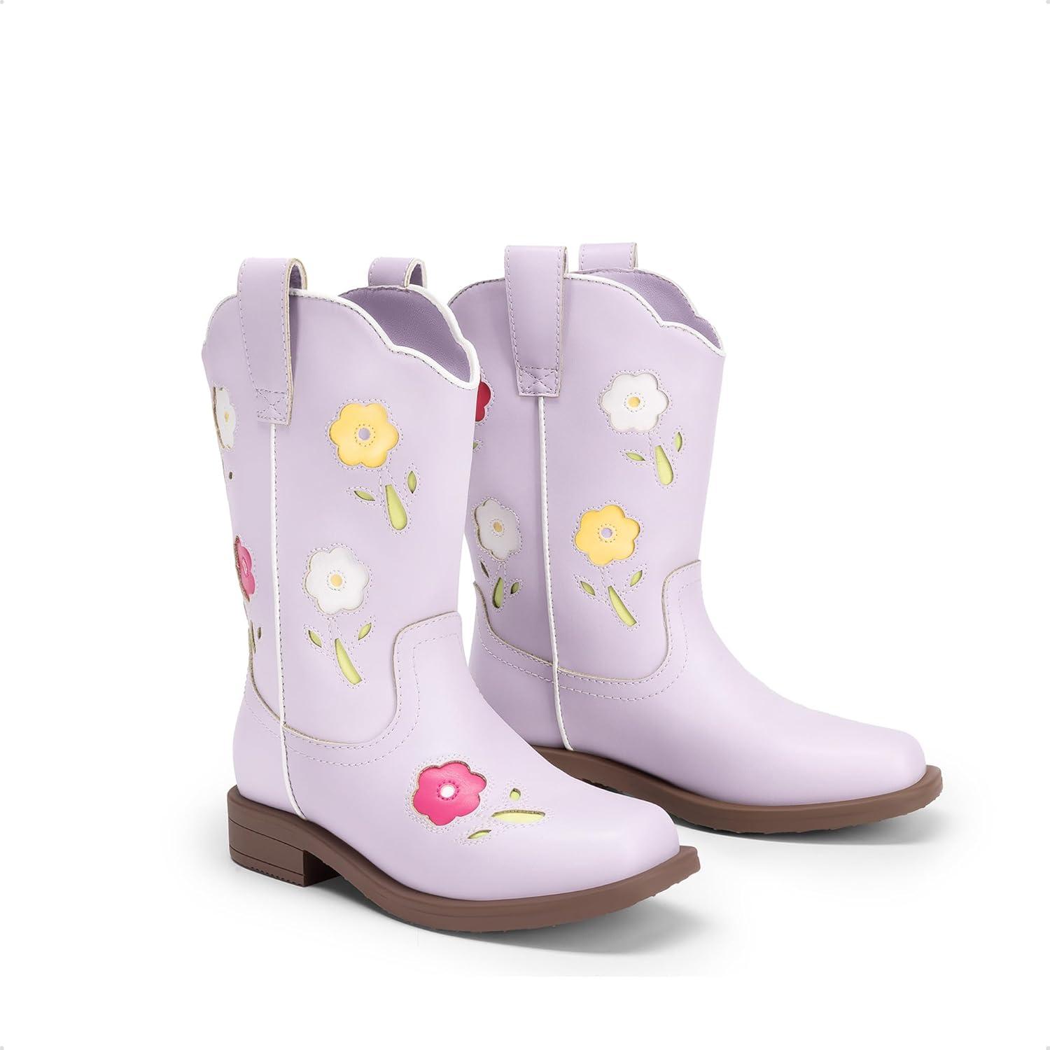 imageDREAM PAIRS Girls Cowboy Cowgirl Boots Floral Embroidered Western Square Toe Mid Calf Toddler Little Big Kid for Birthday Party ConcertLight Purple