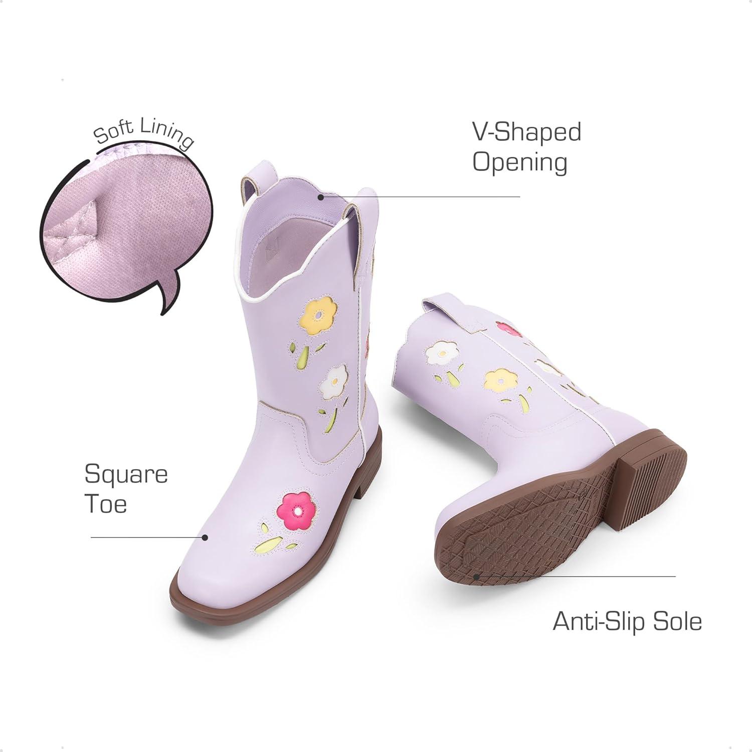 imageDREAM PAIRS Girls Cowboy Cowgirl Boots Floral Embroidered Western Square Toe Mid Calf Toddler Little Big Kid for Birthday Party ConcertLight Purple