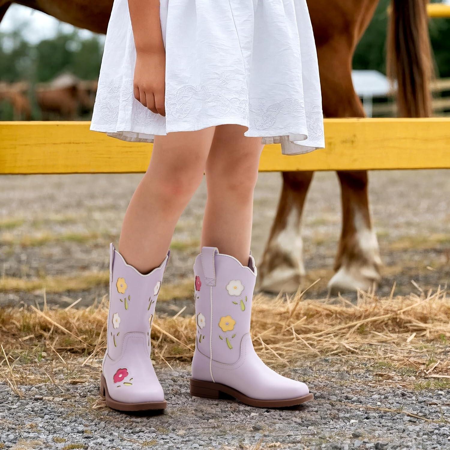 imageDREAM PAIRS Girls Cowboy Cowgirl Boots Floral Embroidered Western Square Toe Mid Calf Toddler Little Big Kid for Birthday Party ConcertLight Purple