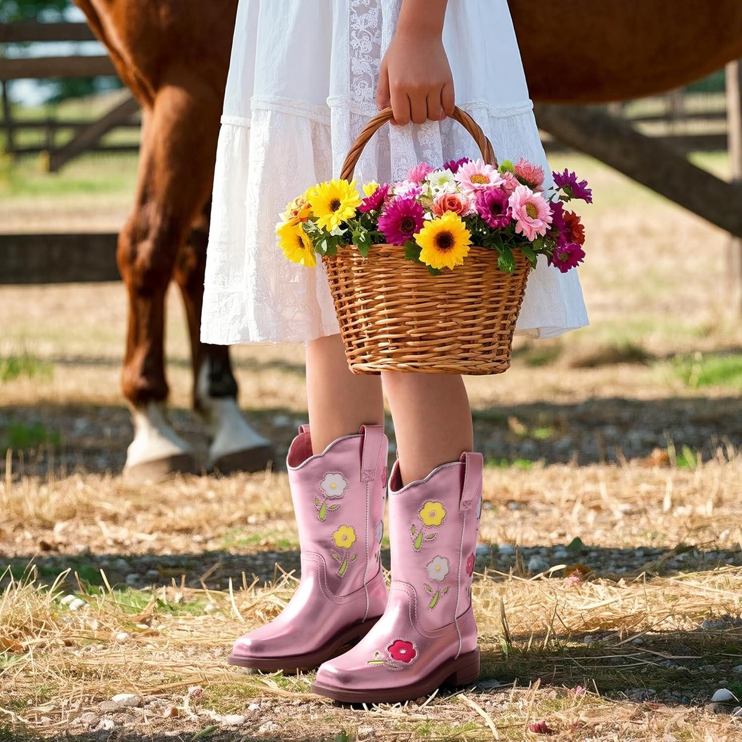 imageDREAM PAIRS Girls Cowboy Cowgirl Boots Floral Embroidered Western Square Toe Mid Calf Toddler Little Big Kid for Birthday Party ConcertPink