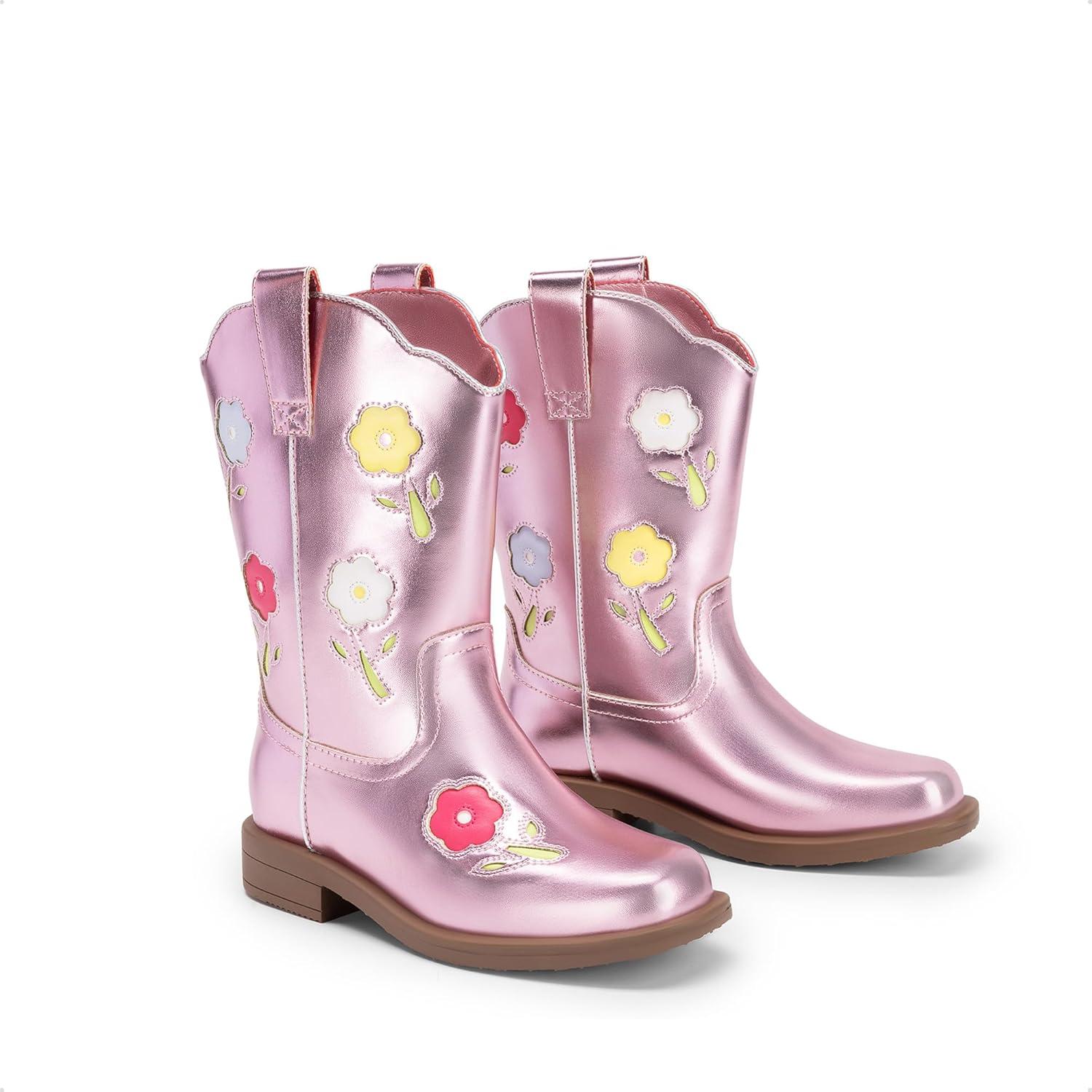 imageDREAM PAIRS Girls Cowboy Cowgirl Boots Floral Embroidered Western Square Toe Mid Calf Toddler Little Big Kid for Birthday Party ConcertPink