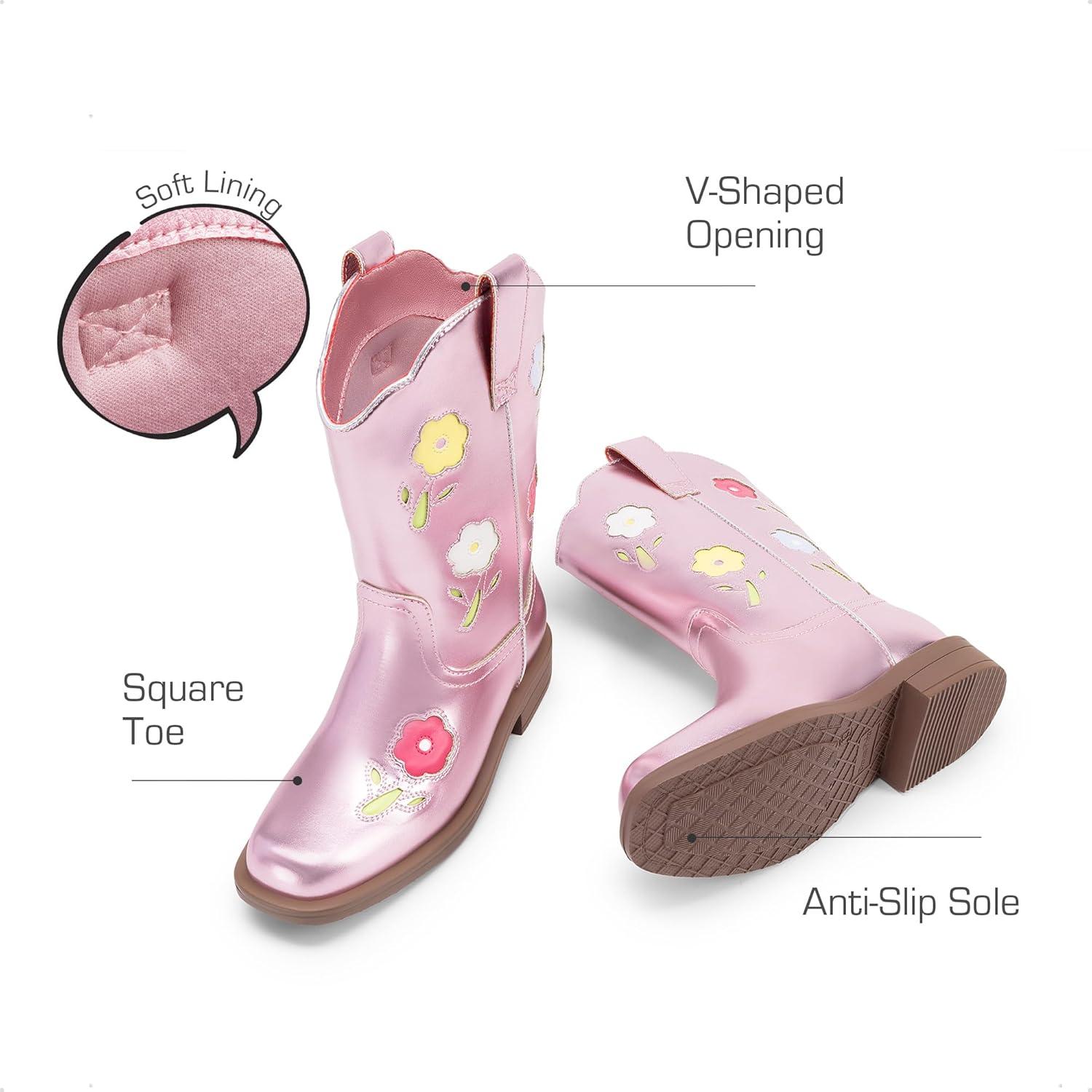 imageDREAM PAIRS Girls Cowboy Cowgirl Boots Floral Embroidered Western Square Toe Mid Calf Toddler Little Big Kid for Birthday Party ConcertPink