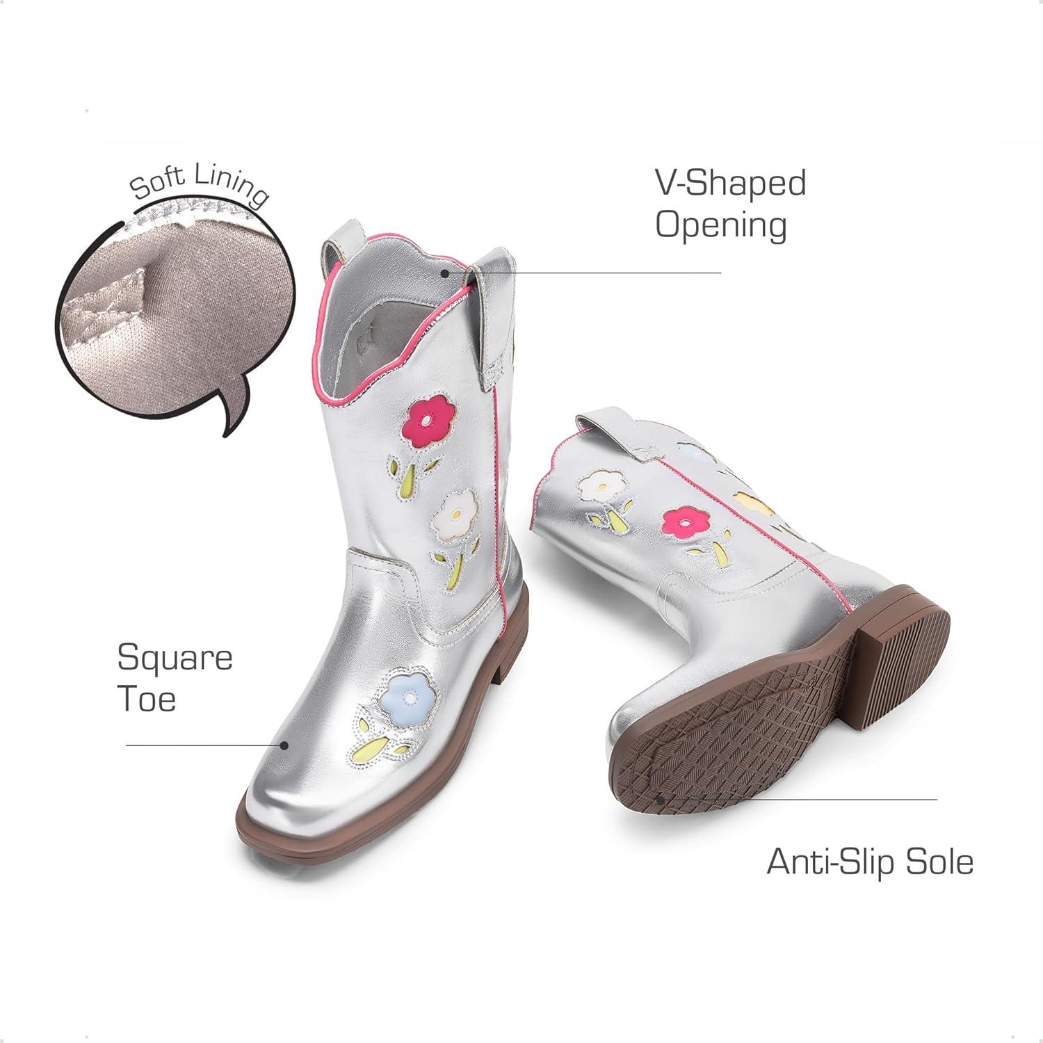 imageDREAM PAIRS Girls Cowboy Cowgirl Boots Floral Embroidered Western Square Toe Mid Calf Toddler Little Big Kid for Birthday Party ConcertSilver