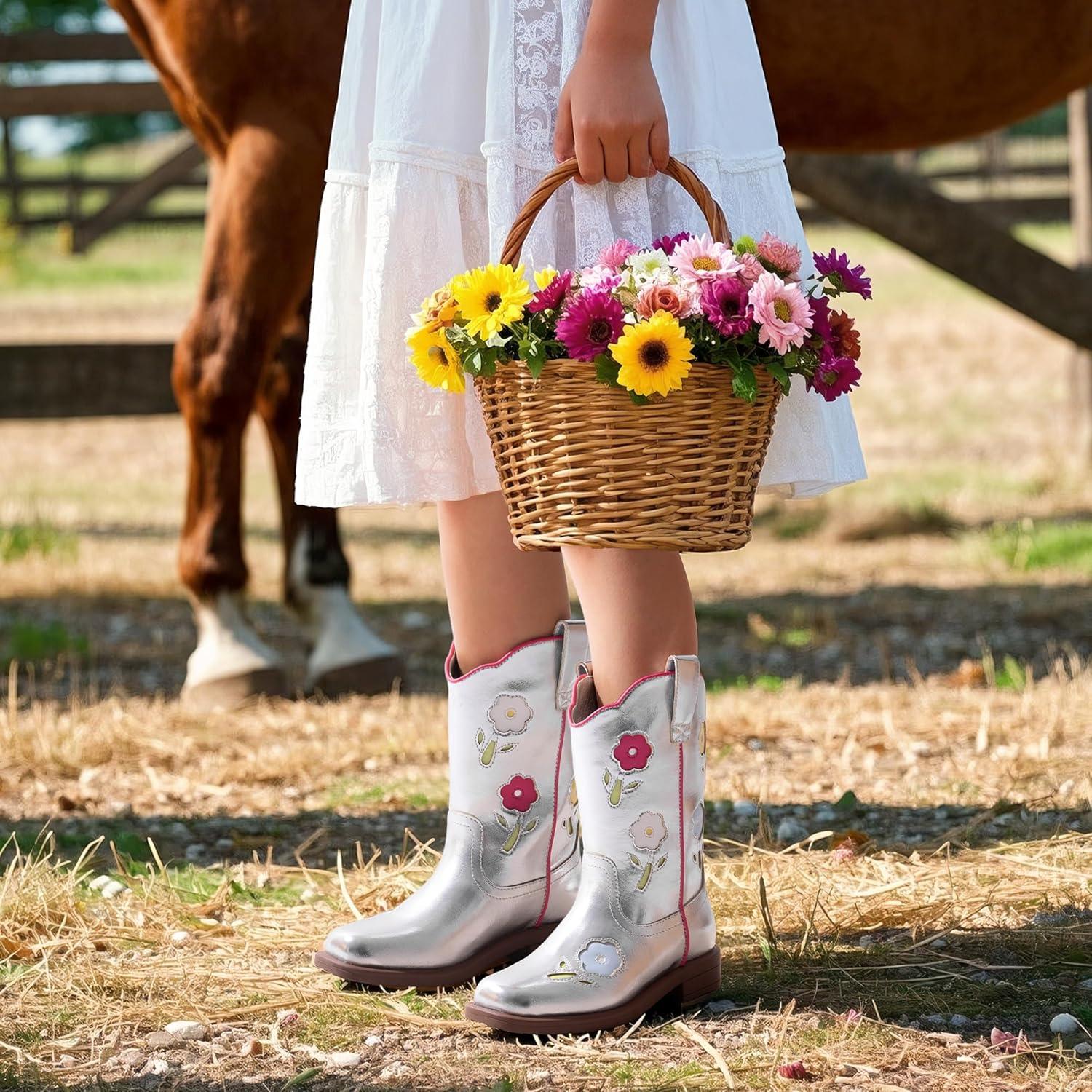 imageDREAM PAIRS Girls Cowboy Cowgirl Boots Floral Embroidered Western Square Toe Mid Calf Toddler Little Big Kid for Birthday Party ConcertSilver
